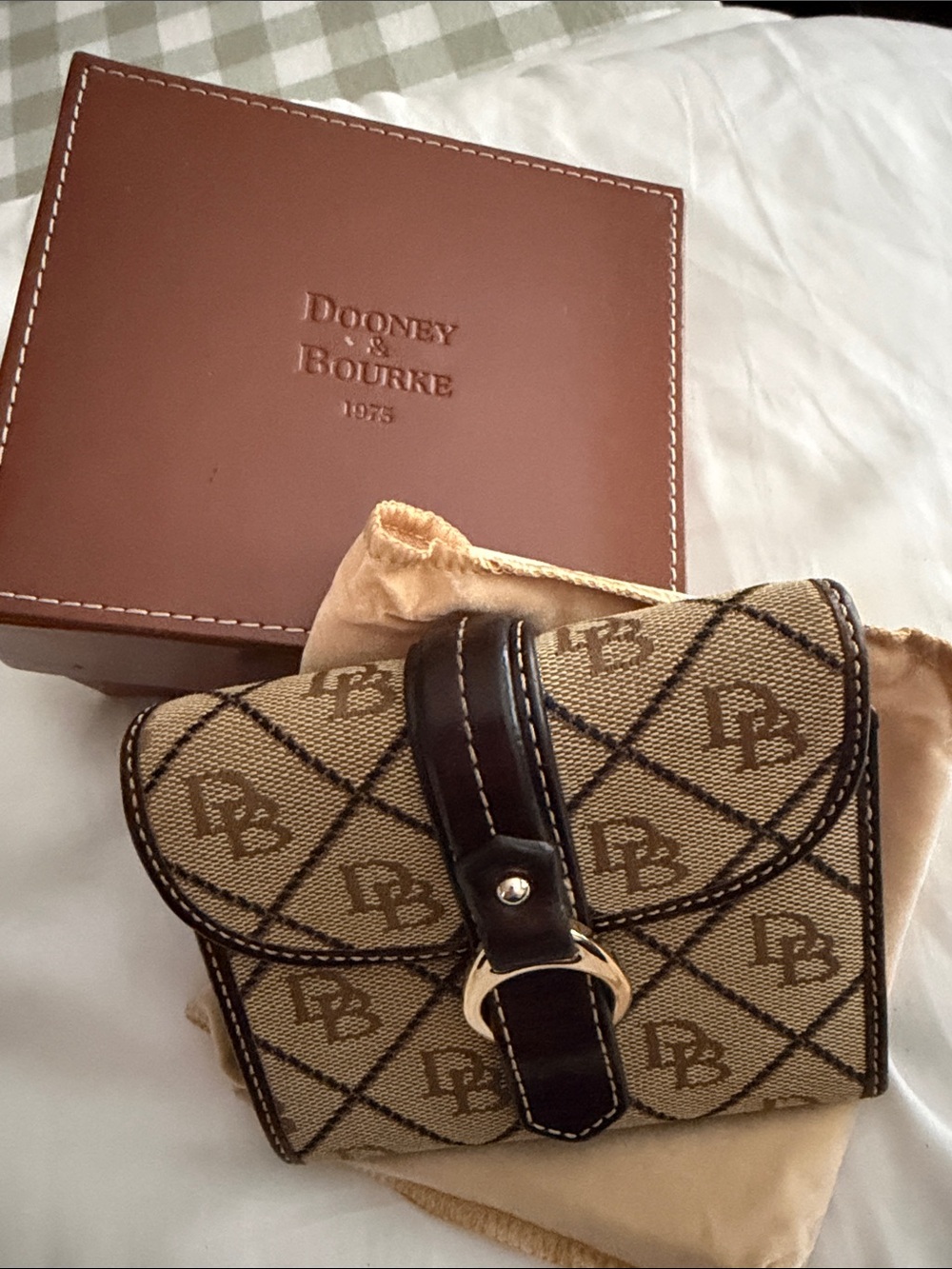 Dooney & Bourke Tan Logo Jacquard Wallet with Dark Brown Trim
